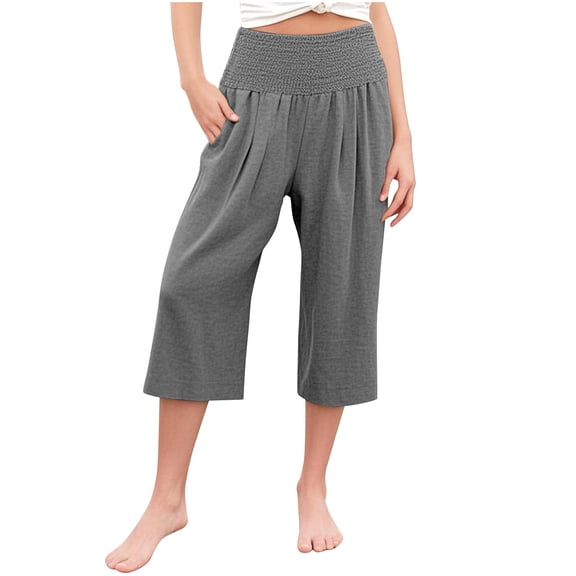 Amkhujs Sizes 110-160 Capris Pants Casual Smocked High Waist Pant Loose Wide Leg Trousers Cropped 4-14 Years, Gifts for Family, Dark Gray
