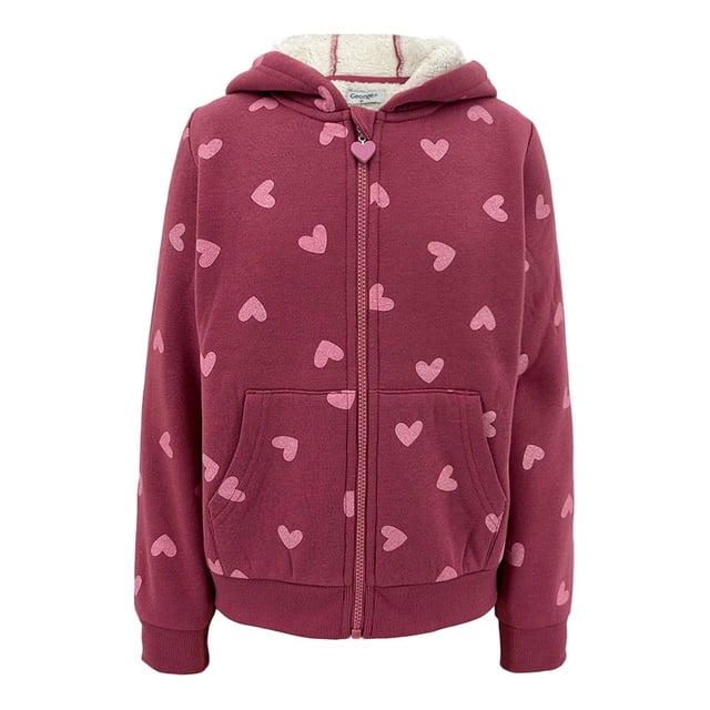 Susadera George Para Niña Talla 10 Color Rosa con estampado de corazones rosa claro, cierre frontal completo con tirador en forma de corazón, capucha forrada con tela polar blanca, dos bolsillos frontales y puños acanalados, cómoda para uso diario en otoño e invierno, también adecuada para actividades casuales y deportivas.