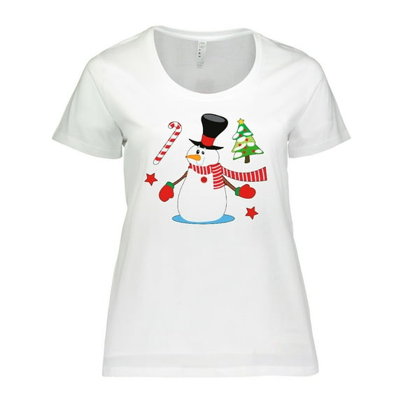 Inktastic Top Hat Snowman with Christmas Tree and Candy Cane Women's Plus Size T-Shirt