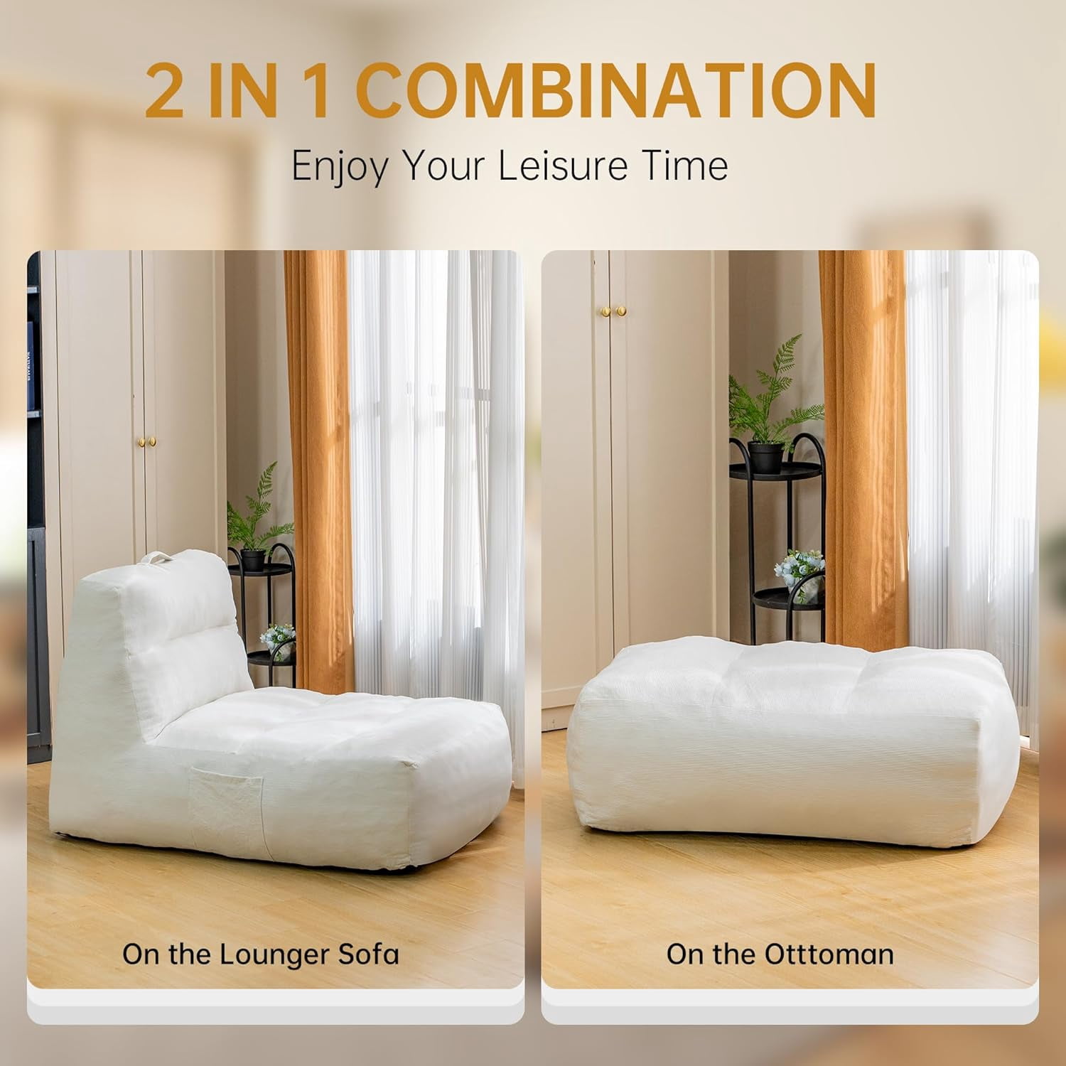LinkRomat Giant Bean Bag Chair with Ottoman for Adults, Oversized Corduroy Memory Foam Beanbag Chair with Filler Included, Comfy Lounge & Gaming Chair for Living Room and Bedroom