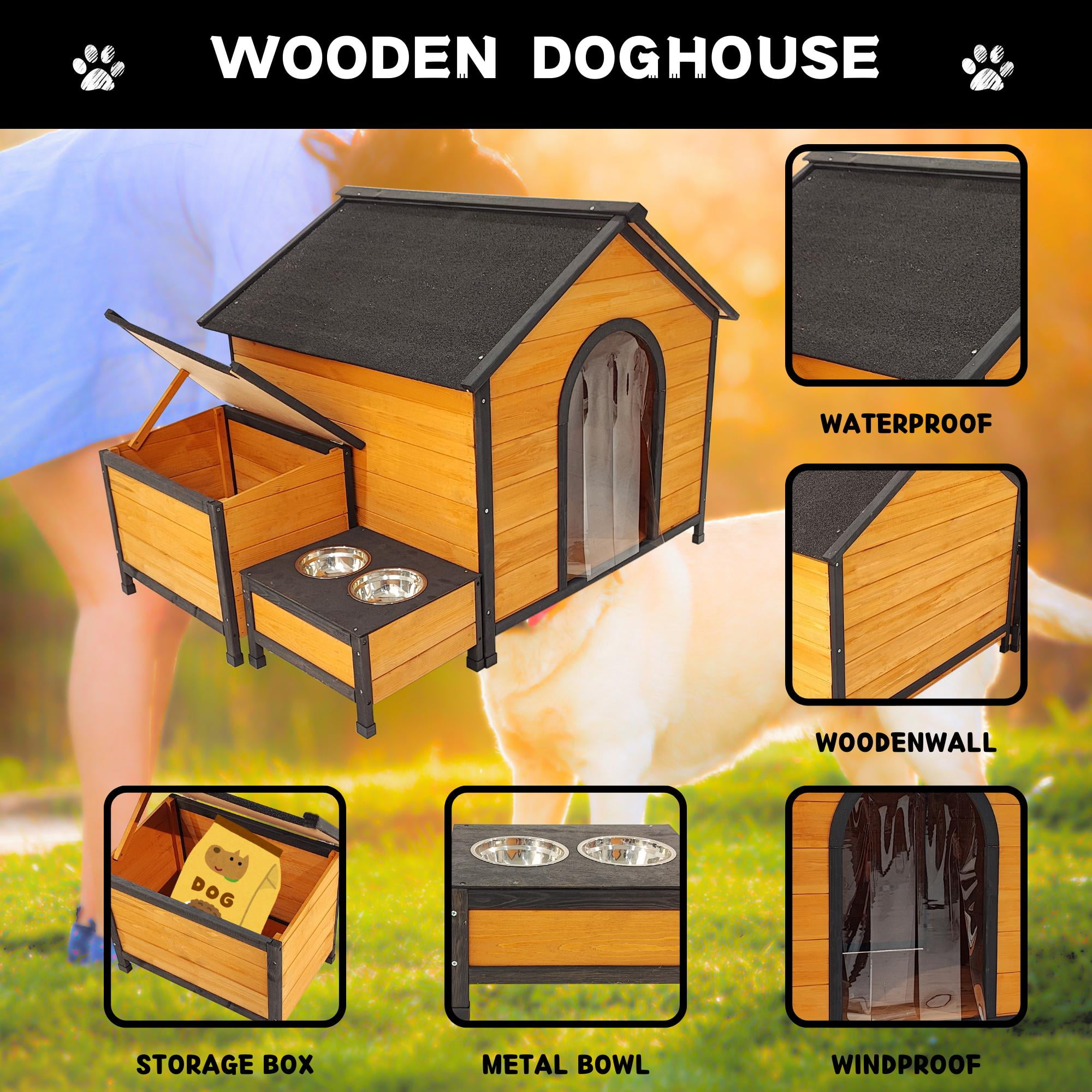 Holaki Extra Large Outdoor Dog House with PVC Door Curtain, 55" Solid Wood Dog Kennel House for Dog of All Sizes, All Weather Outdoor Dog House for Shelter, Sleeping, Roosting