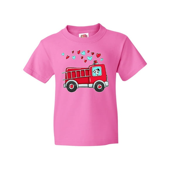 Inktastic Valentine Fire Truck with Cute Dalmatian and Hearts Youth T-Shirt