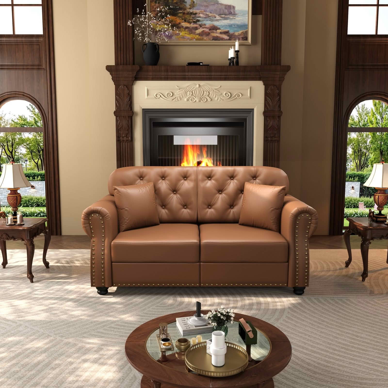 MAYEERTY 63" Upholstered Faux Leather Loveseat Sofa with 2 Ottomans, Mid‑Century Modern Chesterfield Couch with Button Tufted, Nailhead Trim & Rolled Armrests, Includes 2 Pillows