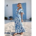 thumbnail image 4 of Blue Floral Print Tie Front Deep V Neck Cutout Waist Maxi Dress For Women, 4 of 8