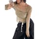 thumbnail image 4 of VISgogo Ladies Mesh See-through Tops, Mujeres Estilo de ocio Color sólido Fuera del hombro Manga larga Hollow Slim Beach Cover-Up VISgogo moda, 4 of 9