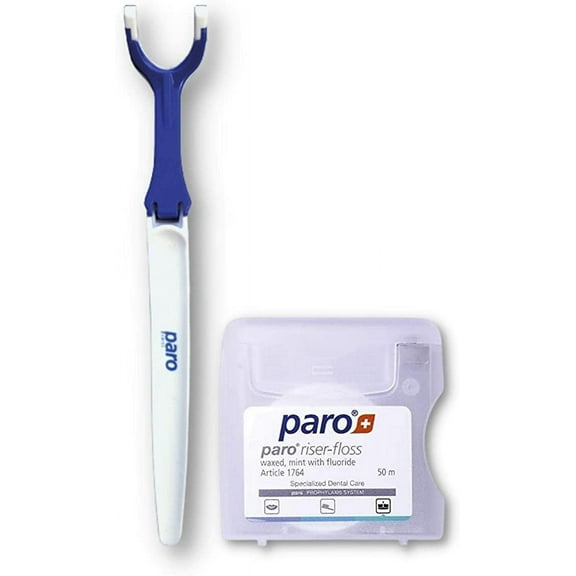 Paro Floss Holder and Paro Riser Floss Mint Waxed Fluoridated Floss 50M