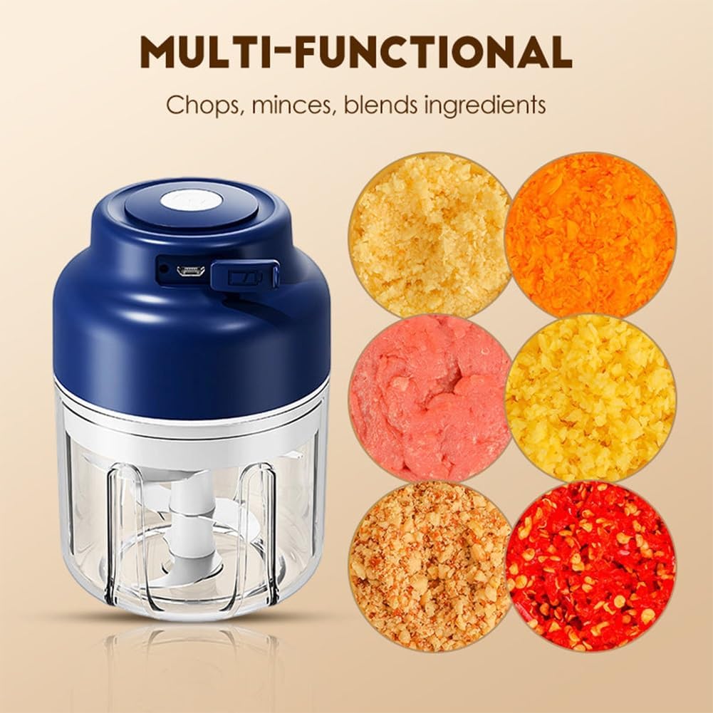 Electric Mini Garlic Chopper Set, Multi-functional Portable Vegetable Cutter Set, Wireless Veggie Grinder, 250/ 320ML Rechargeable Small Food Processor for Chili Onion Ginger Celery(320ml Blue)