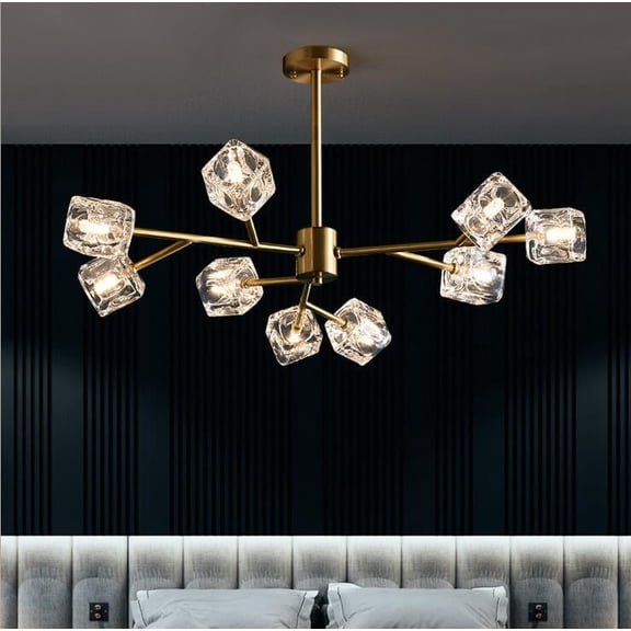 KPIBEST 30-inch gold luxury square crystal chandelier with 9 lights, suitable for dining room, living room and bedroom lighting fixtures