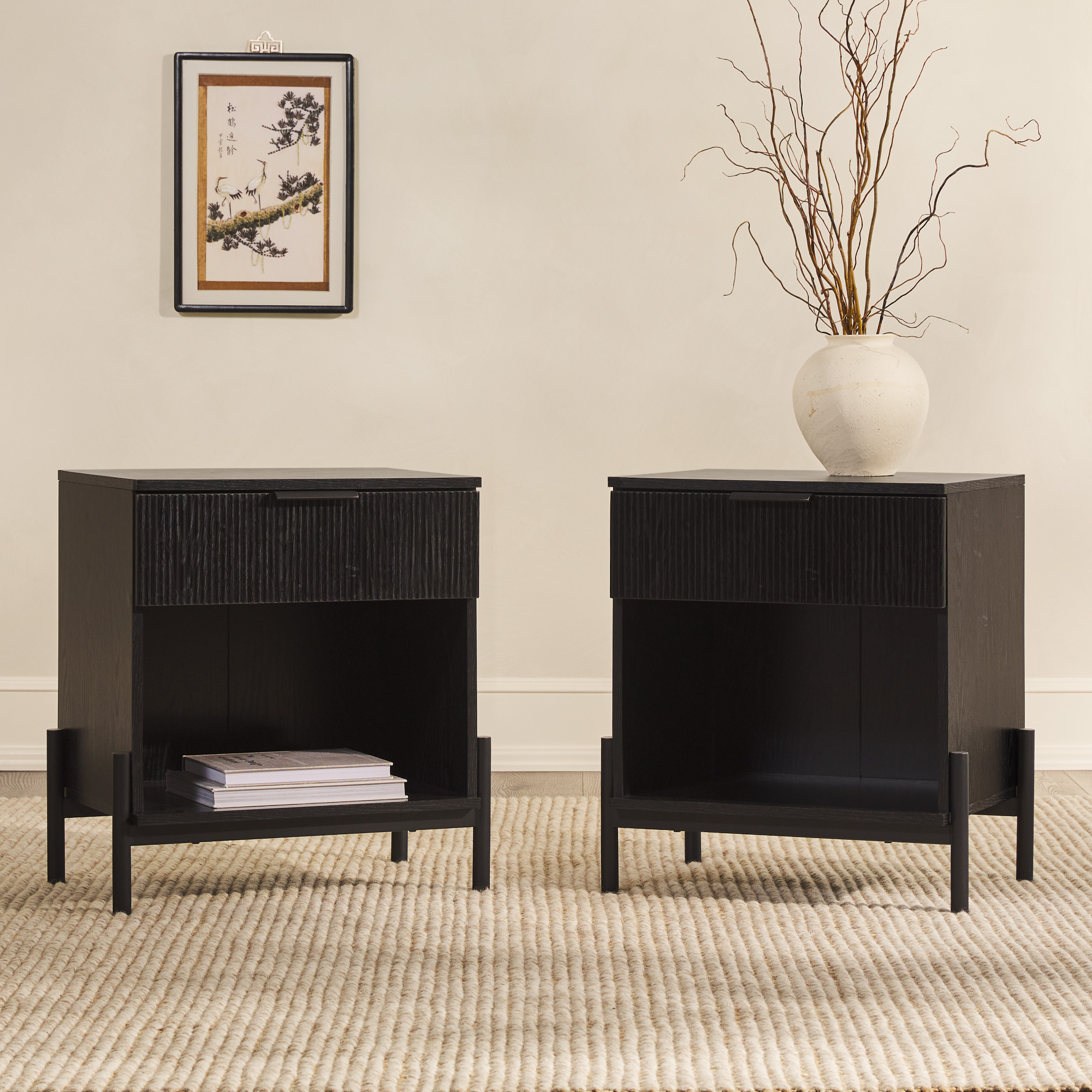 Walker Edison Modern Reeded-Front 1-Drawer Nightstand, 2 Pack, Black