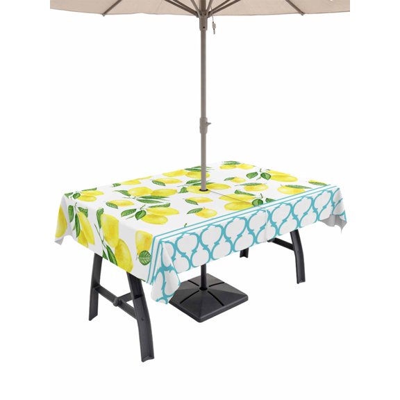 Outdoor Tablecloth with Umbrella Hole and Zipper, Yellow Lemon Rectangle Table Cloth 54x80 Inch Waterproof Tablecloth, Farmhouse Summer Botanical Watercolor Picnic Table Cover for Patio Camping