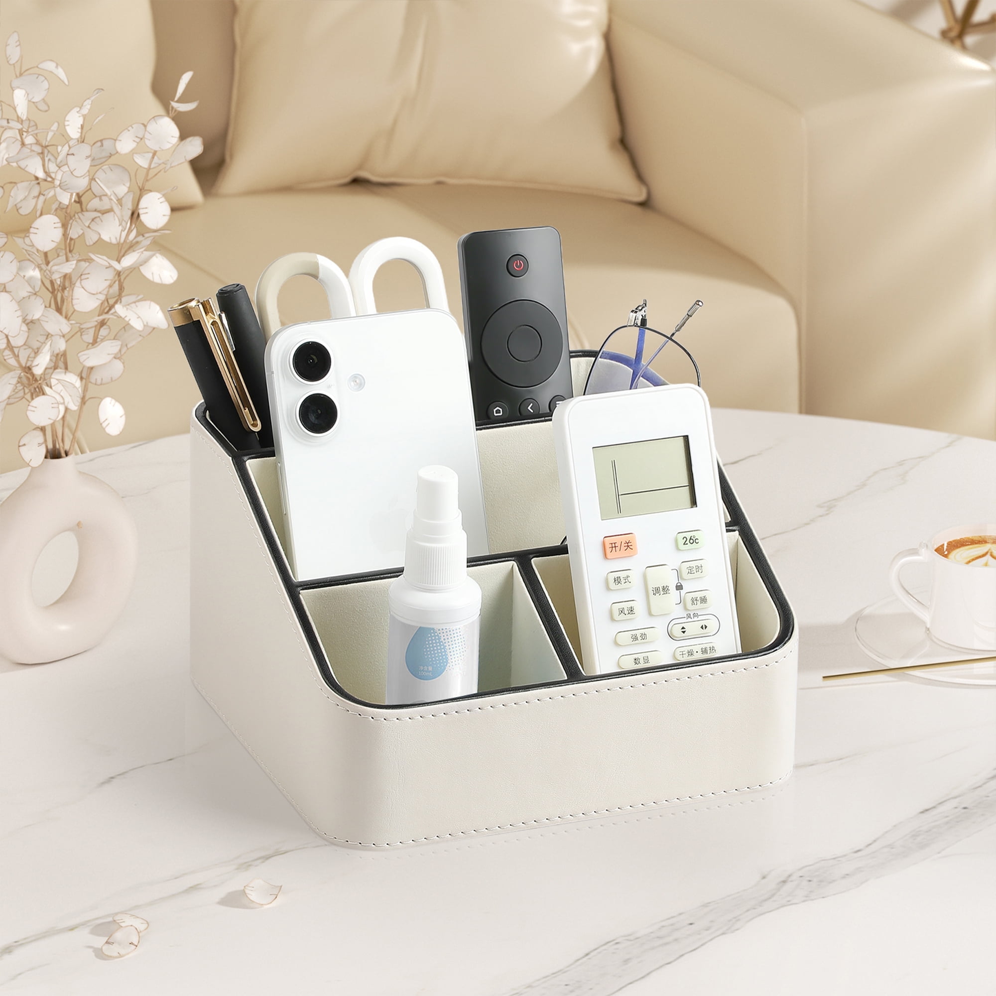 Remote Control Holder, PU Leather Small Desk Organizer Stylish Cute Desktop Organizer for Home Office Desk Accessories, Remote Caddy Bedside Nightstand Organizer for Women Men (Cream)