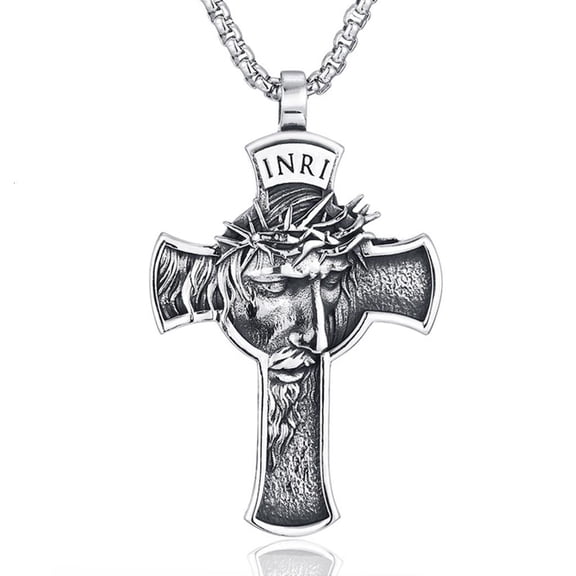 Osdhezcn Stainless Steel Jesus Face Christ Crucifix Large for Cross Religious Pendant Necklace Antique Finish for Mens Christian