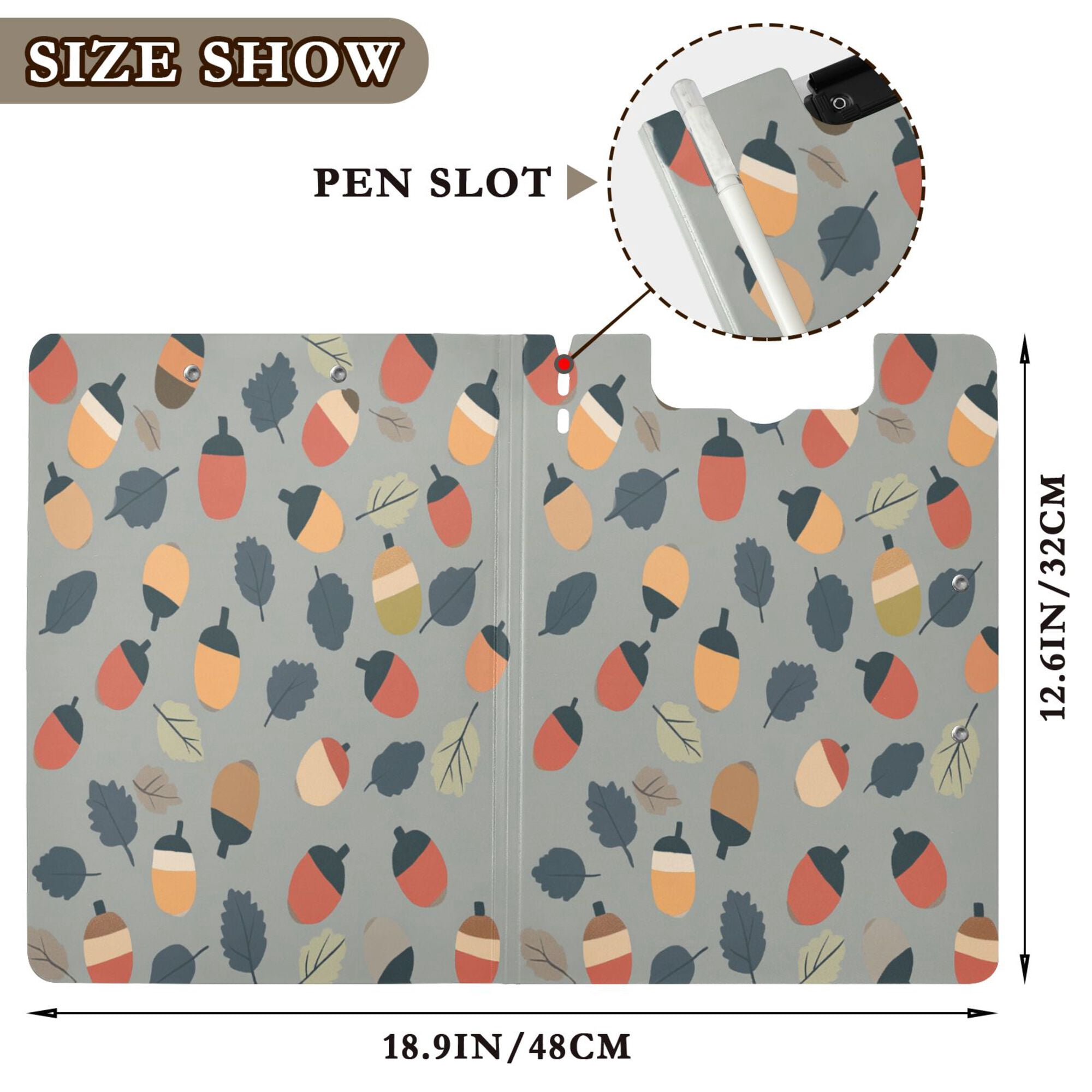 FORMRS A4 Clipboard Folder with Pen Holder Horizontal Foldable School Office Binder, Gray Acorns Pattern