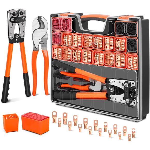 Kuject Battery Cable Lug Crimping Tool Kit with Copper Wire Lug AWG 1 2 4 6 8 1/0 Gauge, Wire Crimper for AWG 10-1/0 with Cable Cutter, 110PCS Batter