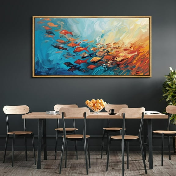 IDEA4WALL Extra Large Framed Canvas Print Wall Art Colorful School of Fish in Blue and Orange Wall Decorative Impressionist Fine Art Modern Oversized Artwork Relax/Calm for Living Room - 60"x30"