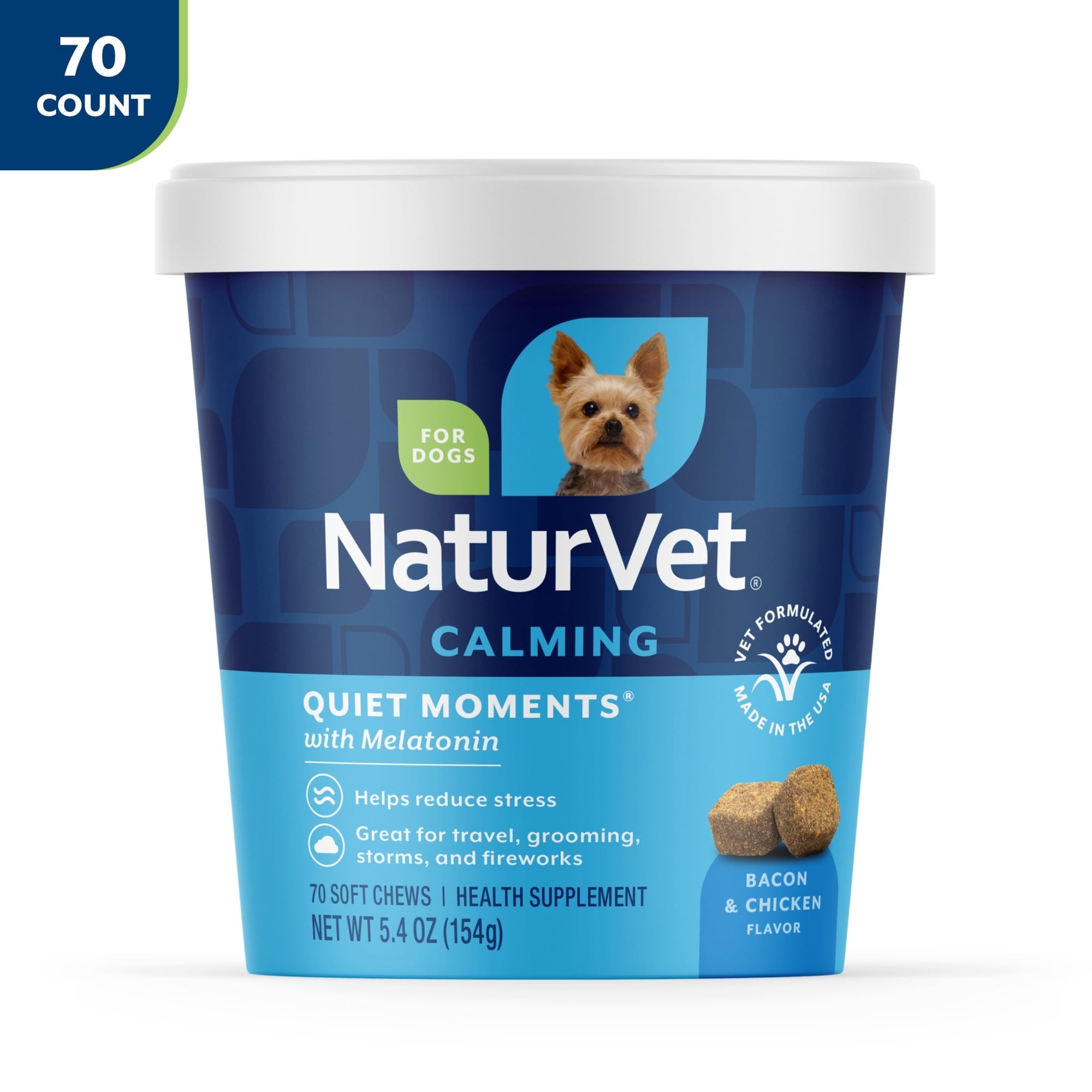 NaturVet Quiet Moments Calming Supplement, Bacon and Chicken Flavor, 70 Soft Chews