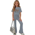 thumbnail image 5 of HBYJLZYG Girls 2 Piece Outfit Set with Bow Print Short Sleeve T-Shirt and Flare Pants, Lightweight Summer Casual Outfit for Kids Daily Wear and Vacation, 5 of 7