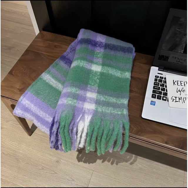 Nvzi Bufandas de moda Chal largo Invierno Grueso Cálido Tejido Bufanda grande a cuadros, Morado Verde