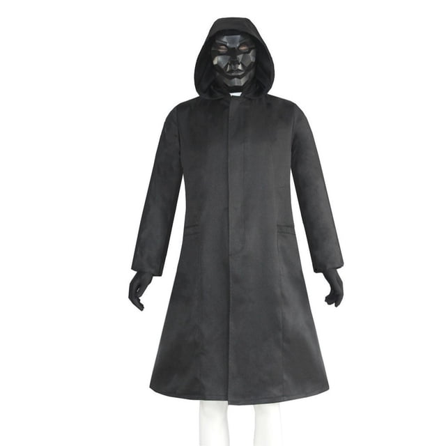 Squid Game Halloween Hero Bodysuit, Adult Black Long-Sleeved Cosplay Coat Trench Coat Boys Kids Funny Cosplay Costumes with Accessories for Men (Black) Size: L
