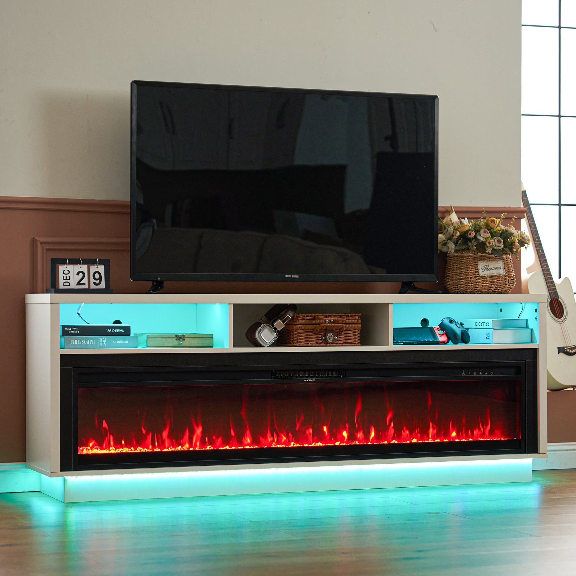 HARIPUL 70" Fireplace TV Stand for TVs Up to 80" with 64" Electric Fireplace, TV Console for The Living Room, LED Light Entertainment Center, Storage Cabinet, Media Console Table, White