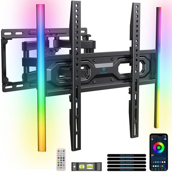 PERLESMITH Full Motion TV Wall Mount for 32-65″ TVs up to 88lbs. Features RGB/LED Lights, Swivel, Tilt, Leveling, Extension, VESA Compatible 100x100-400x400mm, Fits 12&16 On Center Wood Stud Widths