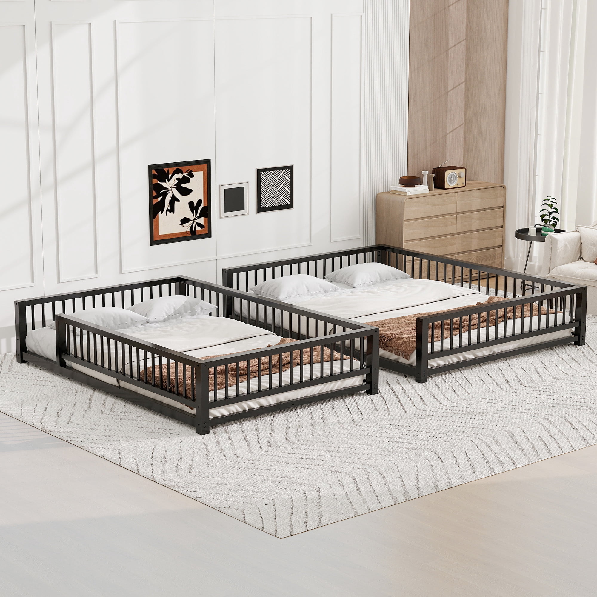 Euroco Metal Full XL over Queen Bunk Bed, Convertible Floor Bed with Ladder and Guardrails, Black