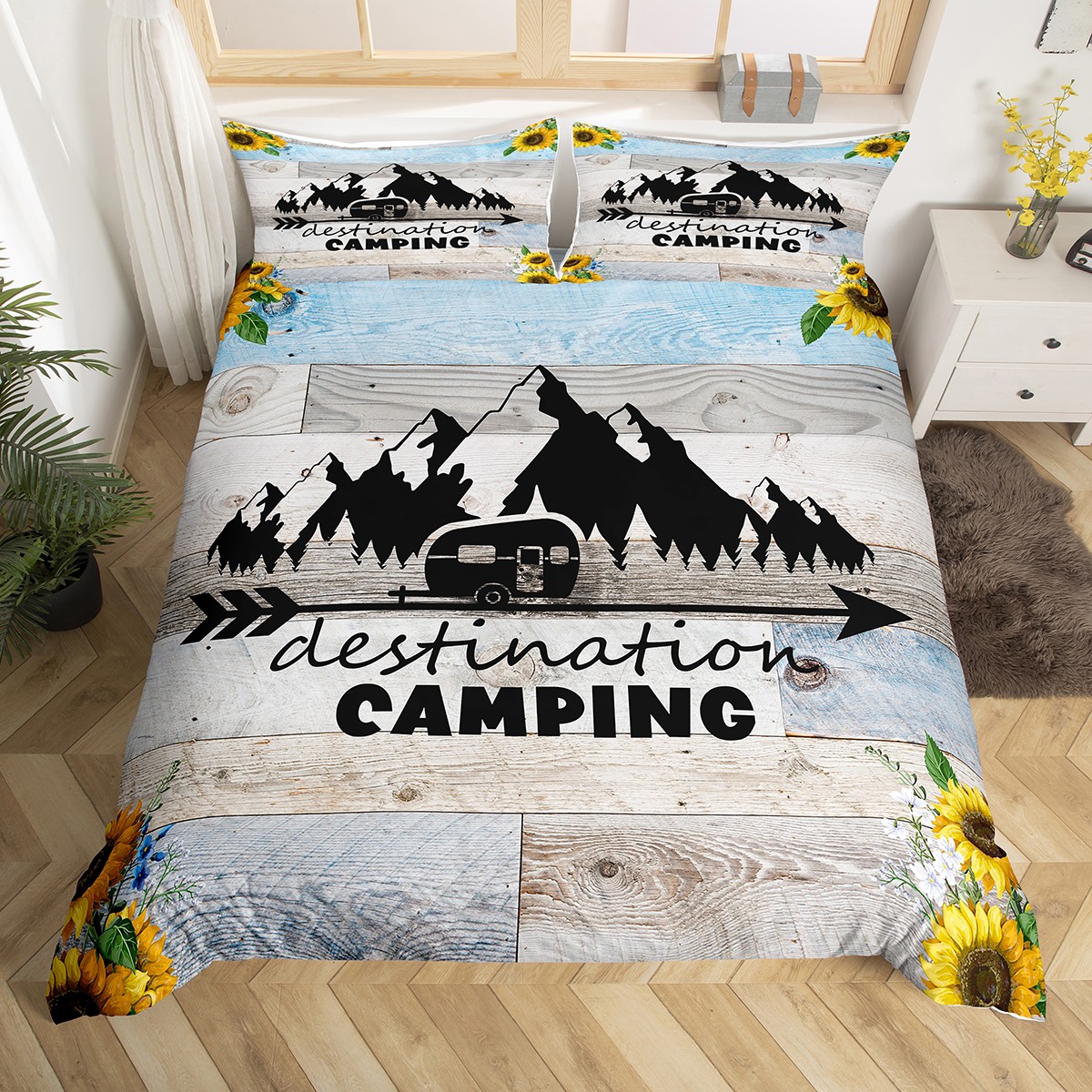 Happy Camping Duvet Cover Boho Farmhouse Bedroom Bedding for Family