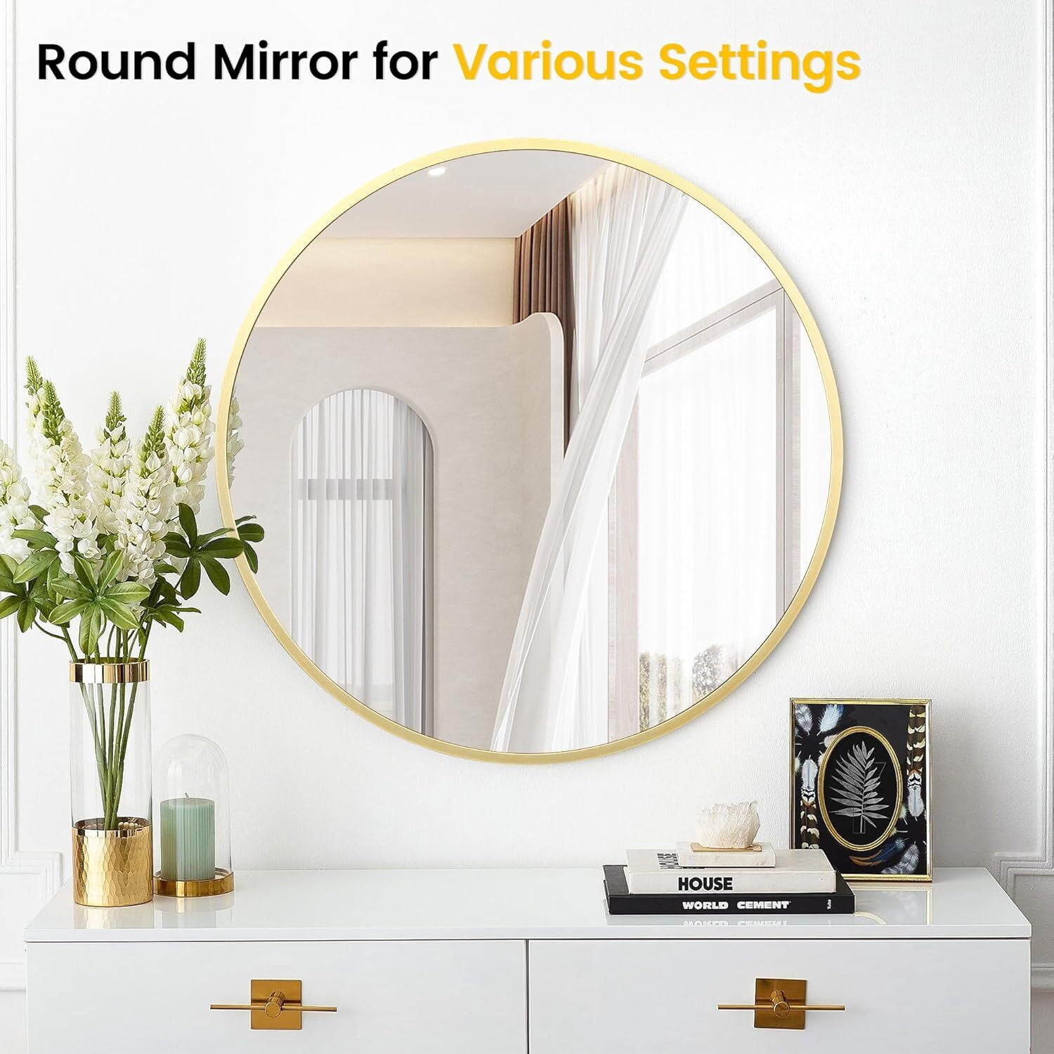 Mirstory 32.2" Modern Wall Mirror Bathroom Mirror Wall Mounted Round Mirror with Aluminum Alloy Frame, Gold