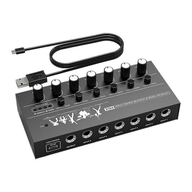 Compact 6-Channel Audio Mixer Ultra Low Noise, High Performance Stereo Mixer for Guitars, Bass, Keyboards