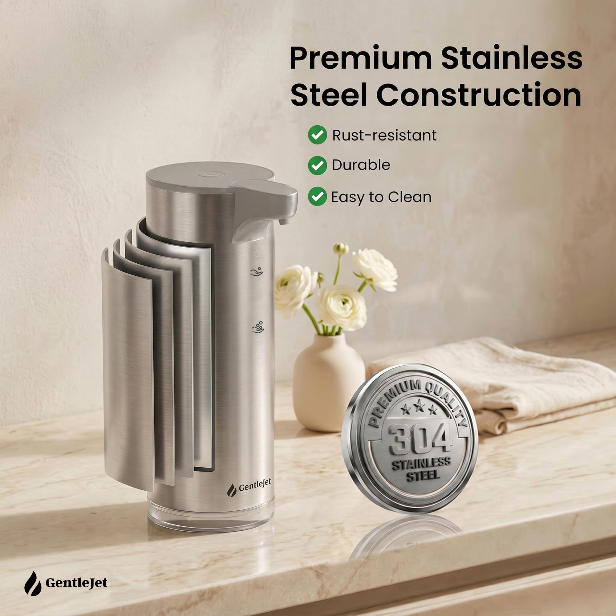 GentleJet EasyFoam Automatic Foaming Soap Dispenser  Touchless Sensor, USB-C Rechargeable, 304 Stainless Steel, IPX5 Waterproof for Bathroom Kitchen Sink, 280 ml