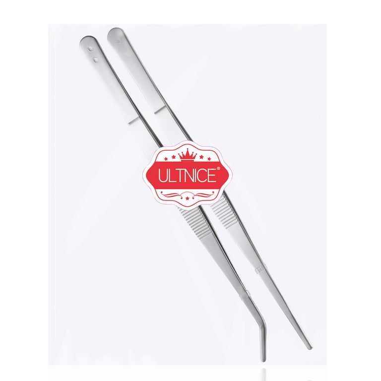 Long Forceps Tweezers, Serrated Bent Tweezers Flat Tips Precision Curved  Science Surgical Tongs Jewelers Needle Metal Sewing Sharp Small Kitchen
