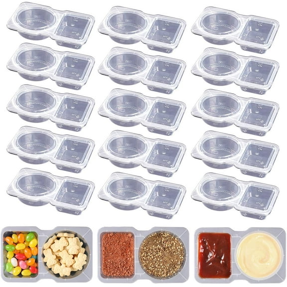 15-Pack Clear Plastic Condiment Cups with Lids - 2-Compartment Leakproof Dipping Containers for Sauces, Dressings, Snacks - BPA-Free Small Food Storage Containers for Travel, Lunch, Sampling
