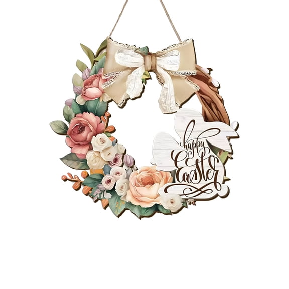 LAMIRO Wooden Easter Decoration Door Wreath for Front Door Sign Wall Signs Rabbit Spring Decoration,Hollow Bunny Sign Flower Egg Welcome Hanging for Home Wall Decor Party Outdoor indoor