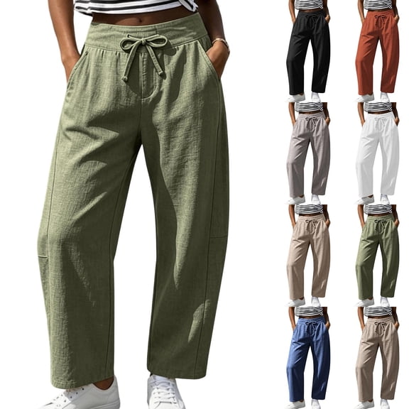 Tqcoqu Women's Wide Leg Casual Pants with Pockets,Linen Blend Elastic Drawstring Waist Cropped Loose Pants,Army Green Women's S-XXL