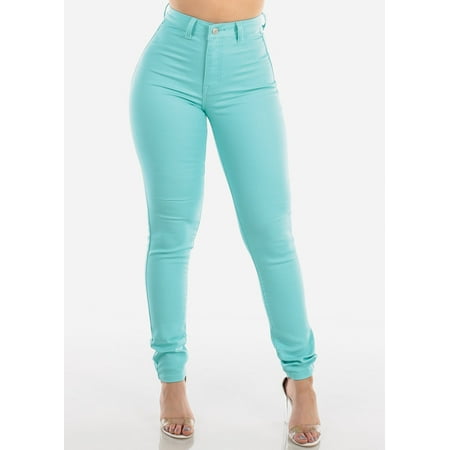 Womens Juniors Ladies Classic Casual Basic Summer Everyday High Waisted Super Stretchy 1 Button Solid Aqua Blue Skinny Jeans