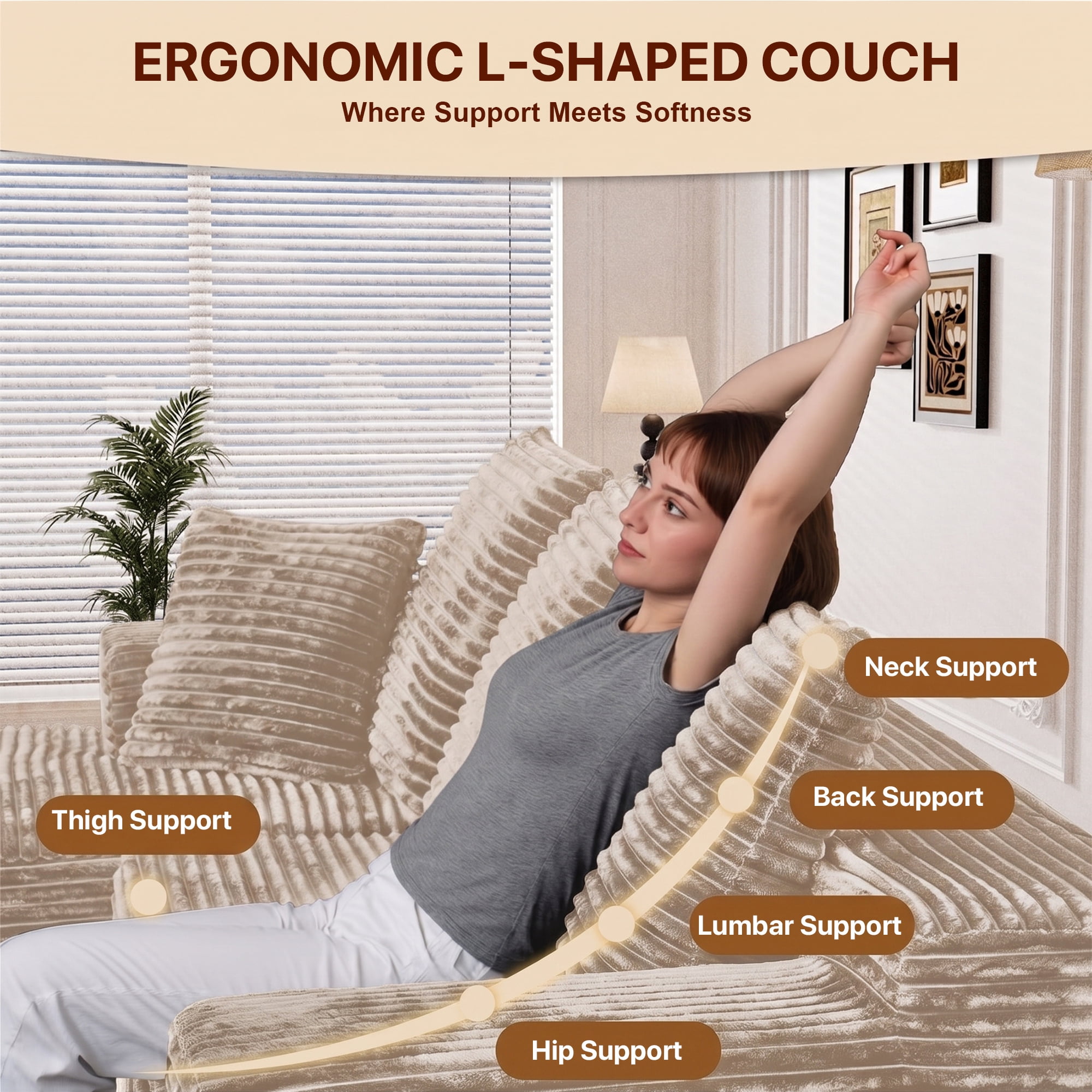 Aukfa 108" Cloud Sectional Sofa Deep Seat Boneless Couch Modular L-Shaped Couch, Rihgt Chaise Corduroy Sofa for Living Room, Khaki