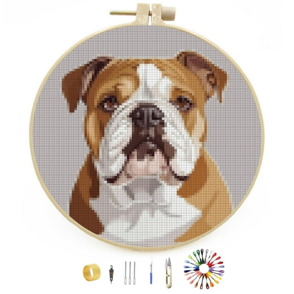 DIY Stamped Cross Stitch Kits English Bulldog Easy for Beginners with Hoop 11CT Counted Embroidery Needlepoint Crafts Arts for Handmade Enthusiasts and Home Decor 30x30cm(2)
