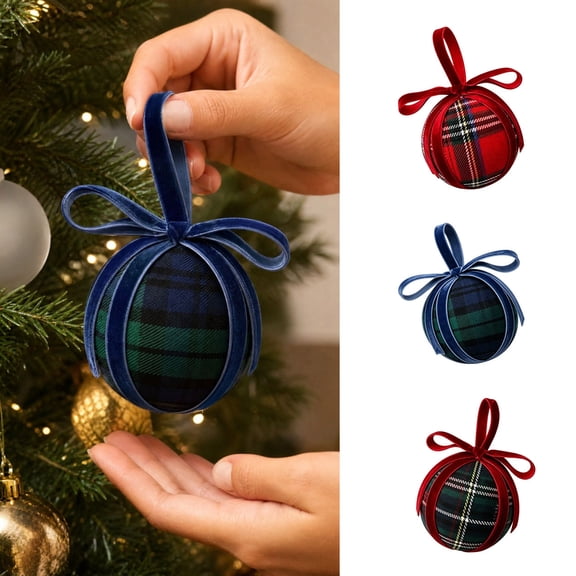 Euahivb Plaid Christmas Ball Ornament Fabric Wrapped Bauble with Velvet Bow for Xmas Tree Holiday Party Decor, Rustic Farmhouse Festive Hanging Charm