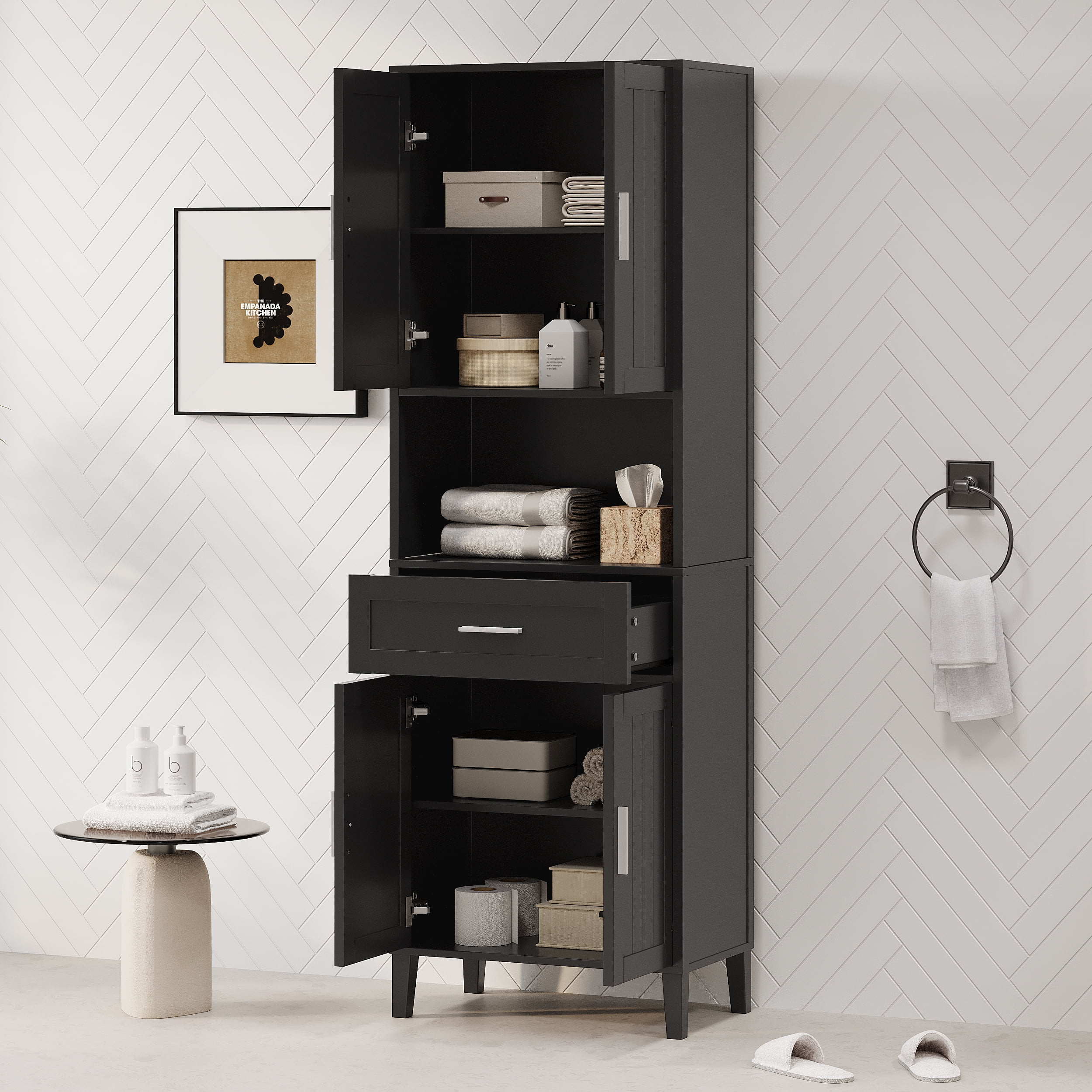 Pusnapku 70" Tall Storage Cabinet, Wood Pantry Cabinet with 4 Doors, Drawer, Adjustable Shelves, Narrow Bathroom Closet for Kitchen, Laundry Room