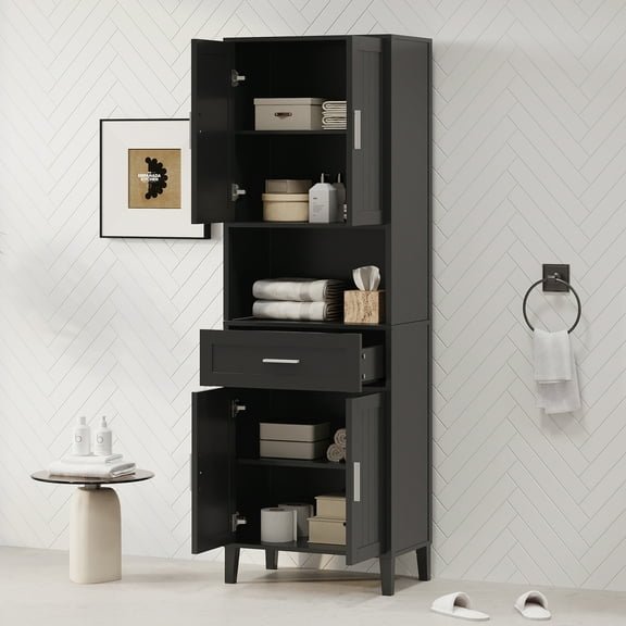 Euroco Tall Bathroom Storage Cabinet with Adjustable Shelves, Soft-Close Doors, and Drawer, Water-Resistant Finish