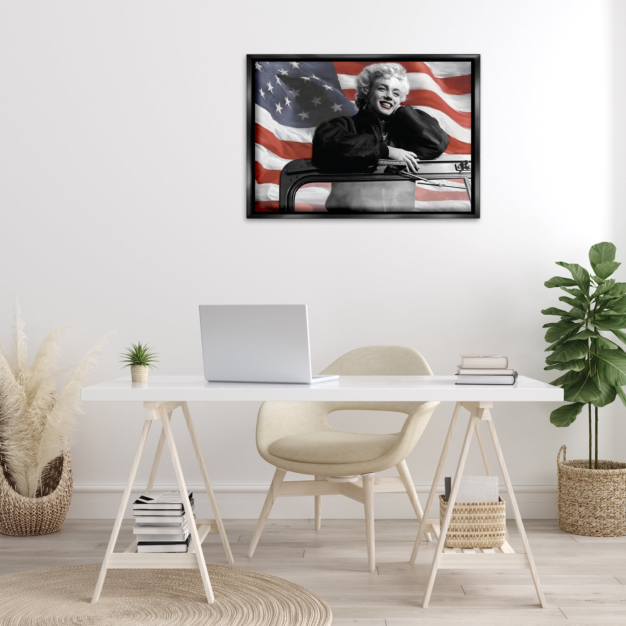 Stupell Industries Marilyn & Waving Flag People Painting Black Floater Framed Canvas Art Print Wall Art, 31 x 21