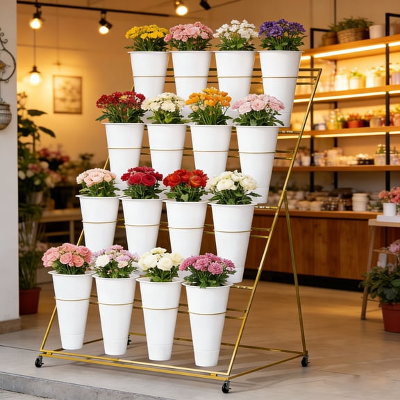 Flower Display Stand with 16 White Buckets,4 Tier Floral Stand,Flower Bar with Wheels,Plant Cart for Indoor Garden,Retail Store,Floral Studio