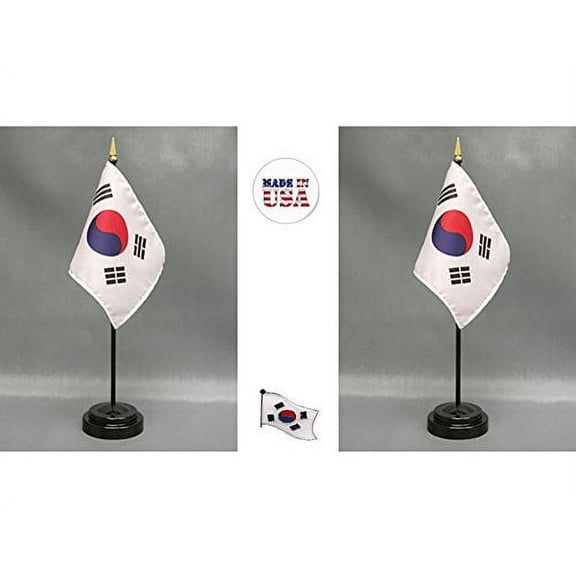Made in The USA. 2 South Korean Rayon 4"x6" Miniature Office Desk & Little Hand Waving Table Flags Includes 2 Flag Stands & 2 Small Mini South Korean Stick Flags, Includes South Korea Flag Lapel Pin.