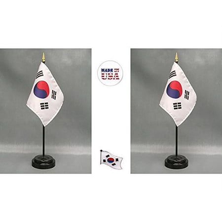 Made in The USA. 2 South Korean Rayon 4"x6" Miniature Office Desk & Little Hand Waving Table Flags Includes 2 Flag Stands & 2 Small Mini South Korean Stick Flags, Includes South Korea Flag Lapel Pin.