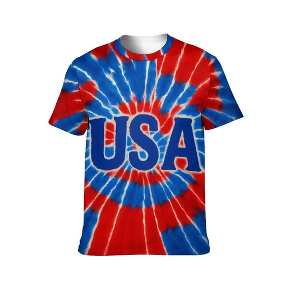 LAOLIUSN USA Patriotic Tie Dye T-Shirt, Red White Blue 4th of July Graphic Tee, Short Sleeve Crew Neck Shirt, S-4XL