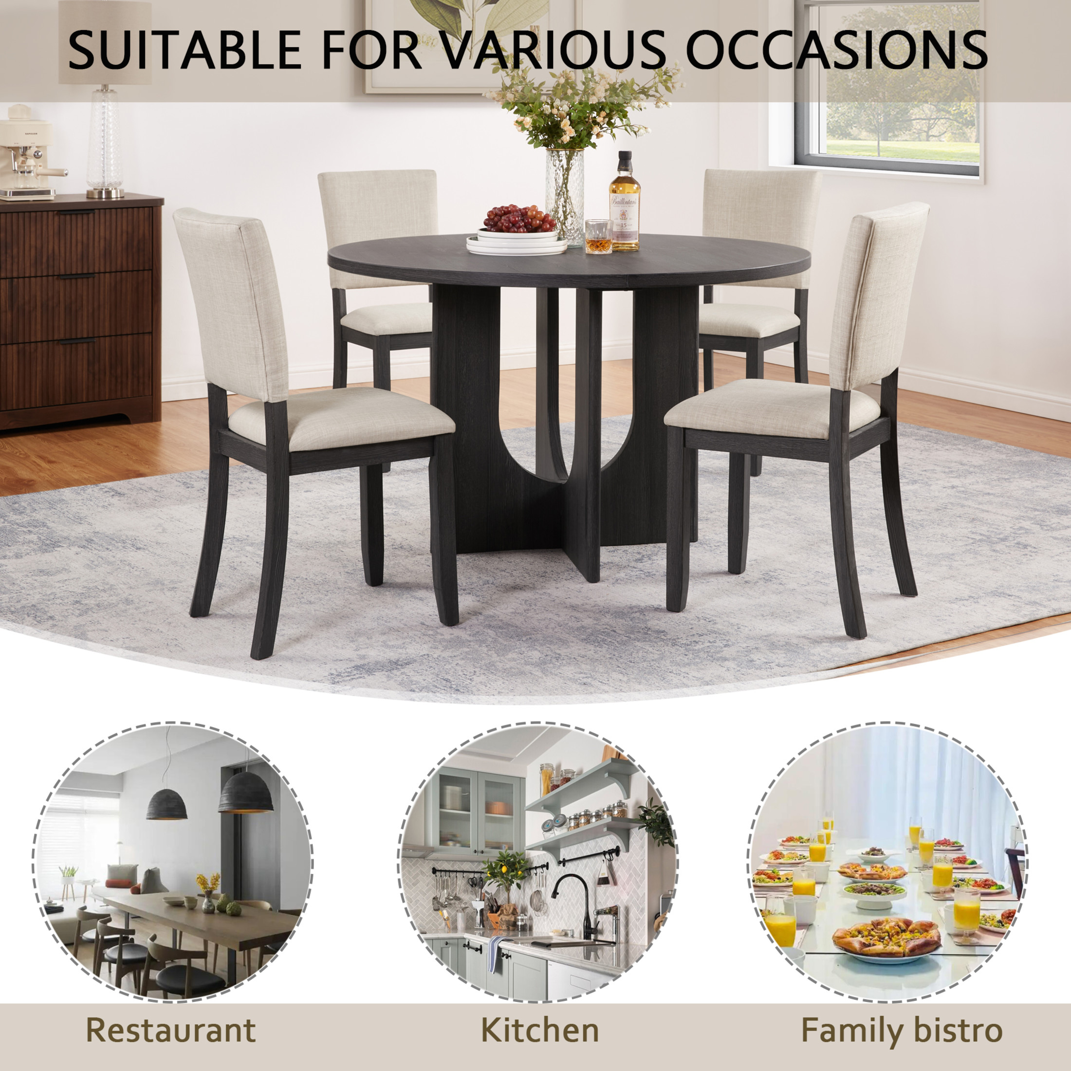 Noble House 47.3" Round Dining Table with Upholstered Chairs, Modern 5-Piece Dining Set, Antique Black+Beige
