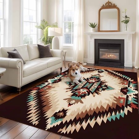 Brown Teal Red Boho Area Rug 5x8 FT, Non Slip Bedroom Throw Carpet, Ethnic Vintage Geometric Abstract Washable Soft Floor Carpet Non-Shedding Rug for Living Room Nursery Dorm Office