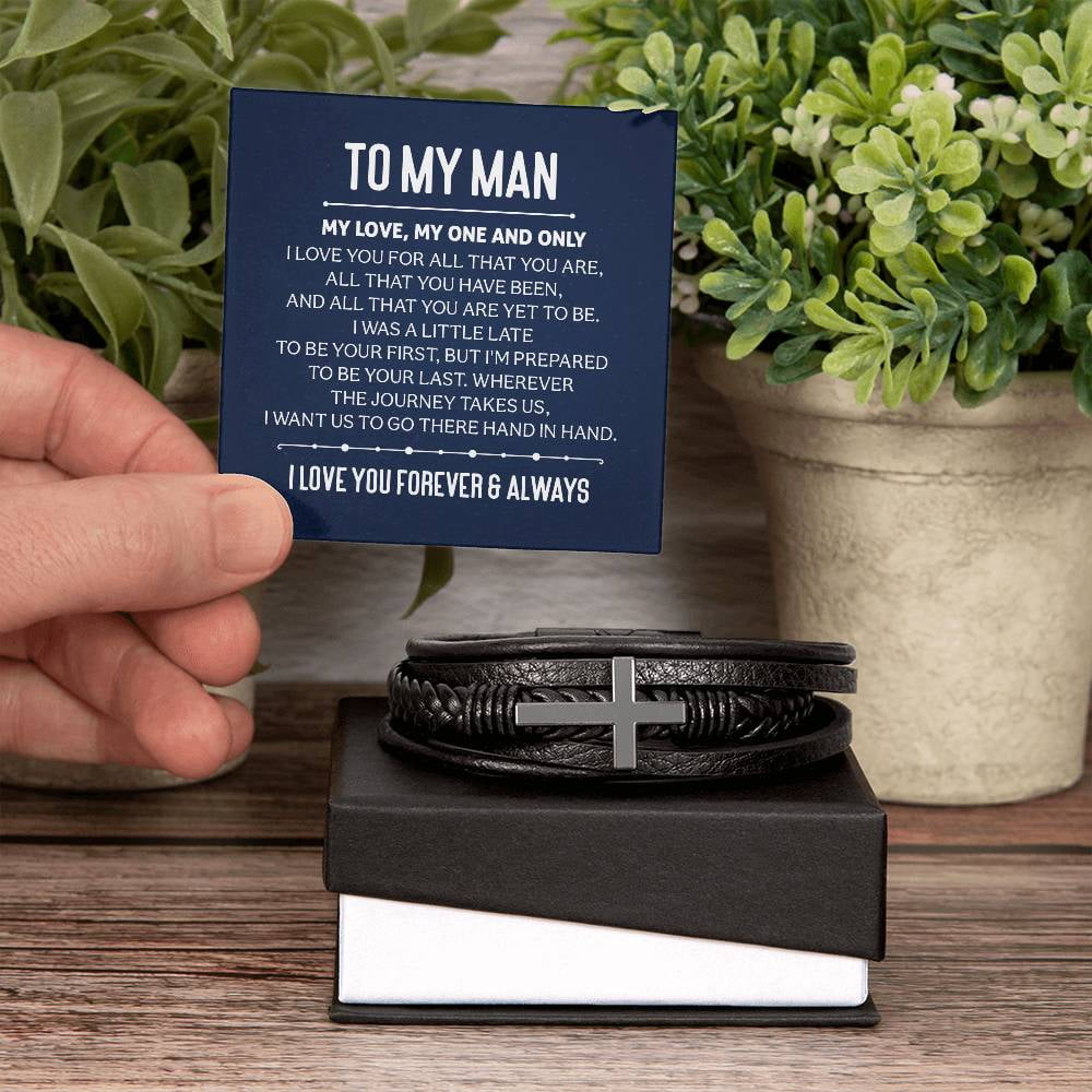 To My Man My Love My One and Only Men's Cross Bracelet - Vegan Leather with Stainless Steel