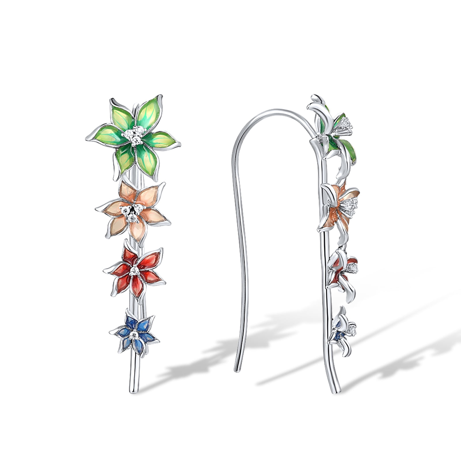 Santuzza Enamel Colorful Orchid Ear Cuffs Climber Earrings 925 Sterling Silver Flower Ear Crawler Earrings for Women