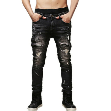Men's Ripped Jeans 100% Cotton Black Slim Fit Motorcycle Jeans Men Vintage Distressed Denim Jeans (Best Denim Motorcycle Pants)